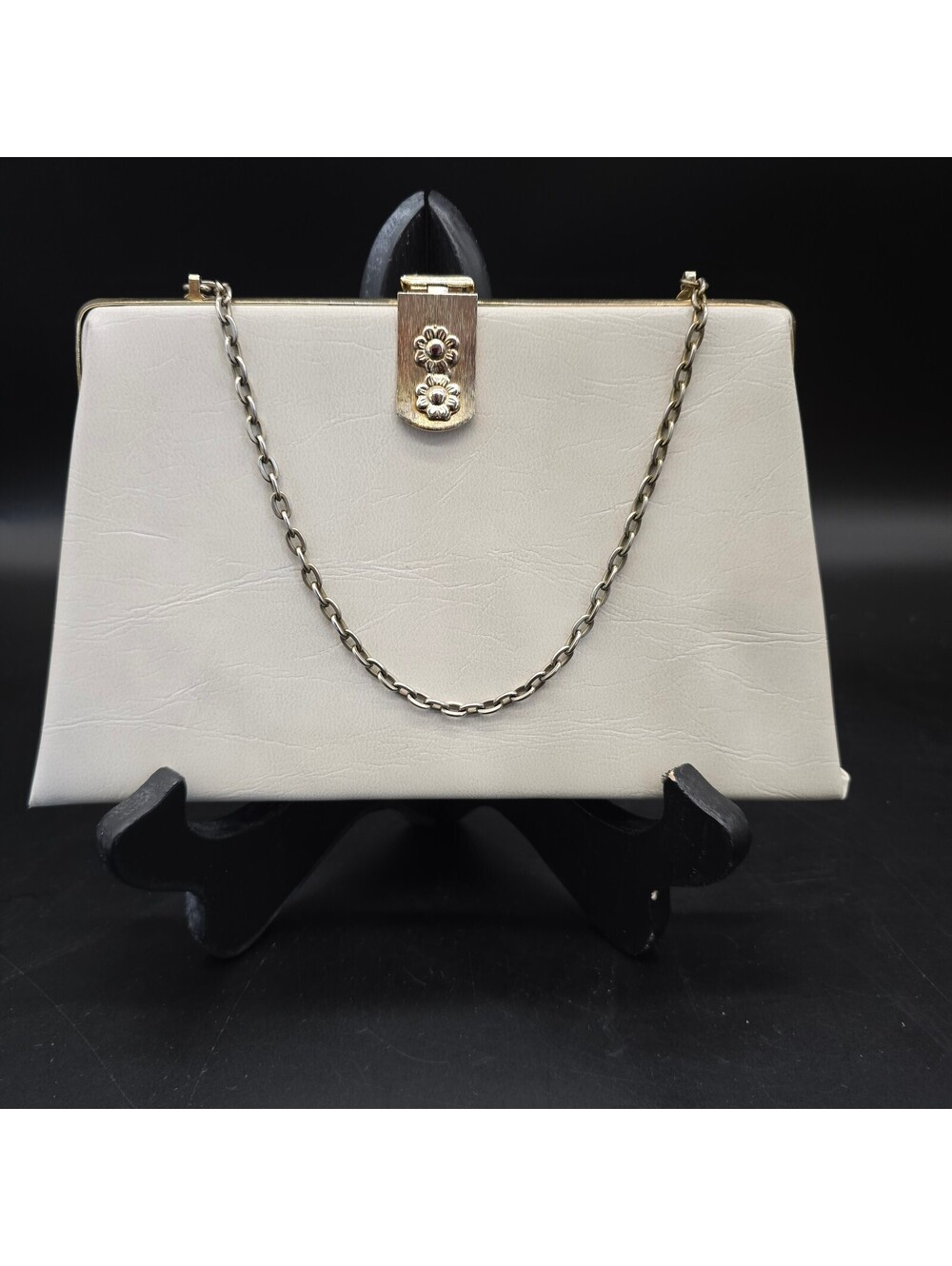 Vintage 1960s Mid-Century Off-White Structured Clutch Evening Bag w/ Red Lining